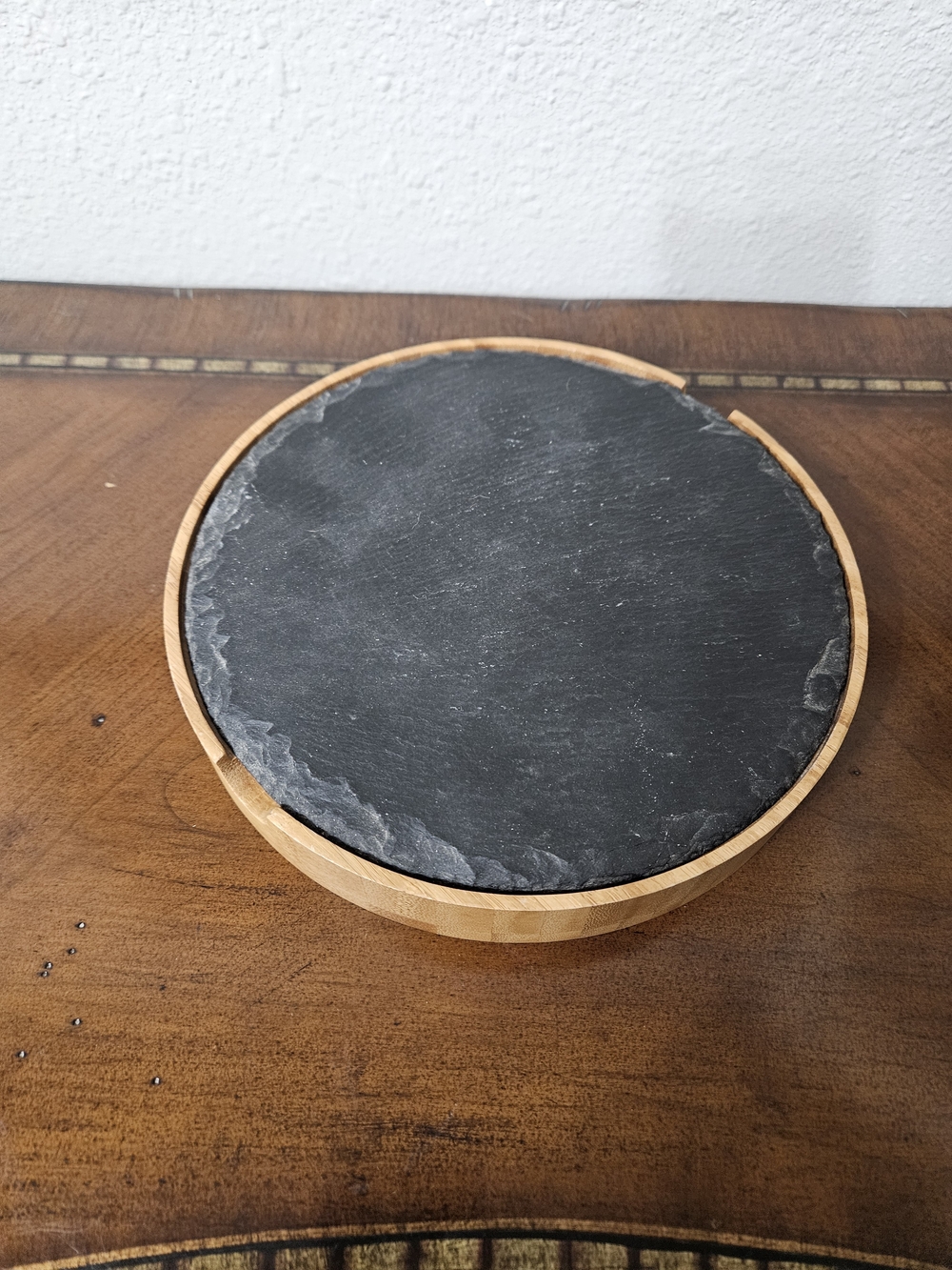 Round Bamboo and Slate Serving Board - Black Slate Top